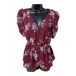 Maurices Womens Shirt Size Small Short Sleeve V-neck Maroon Floral New Blouse